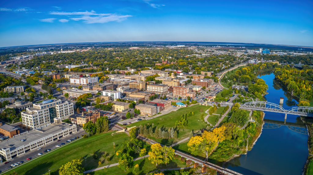 A drone image of downtown Grand Forks