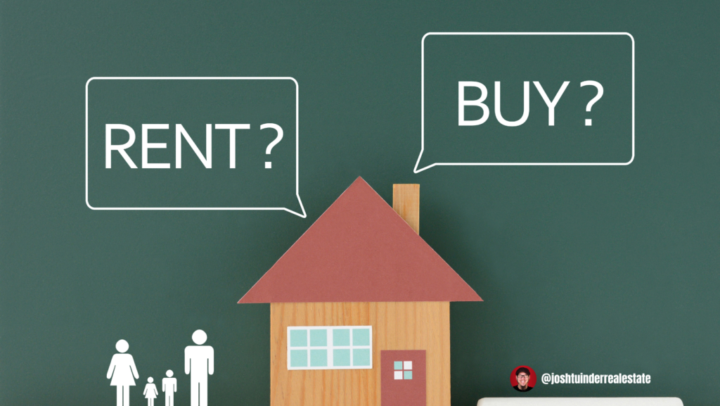 A minimalist illustration of a wooden house with paper cutout elements. Speech bubbles ask, "Rent?" and "Buy?" now with a small family icon below, representing a real estate decision.