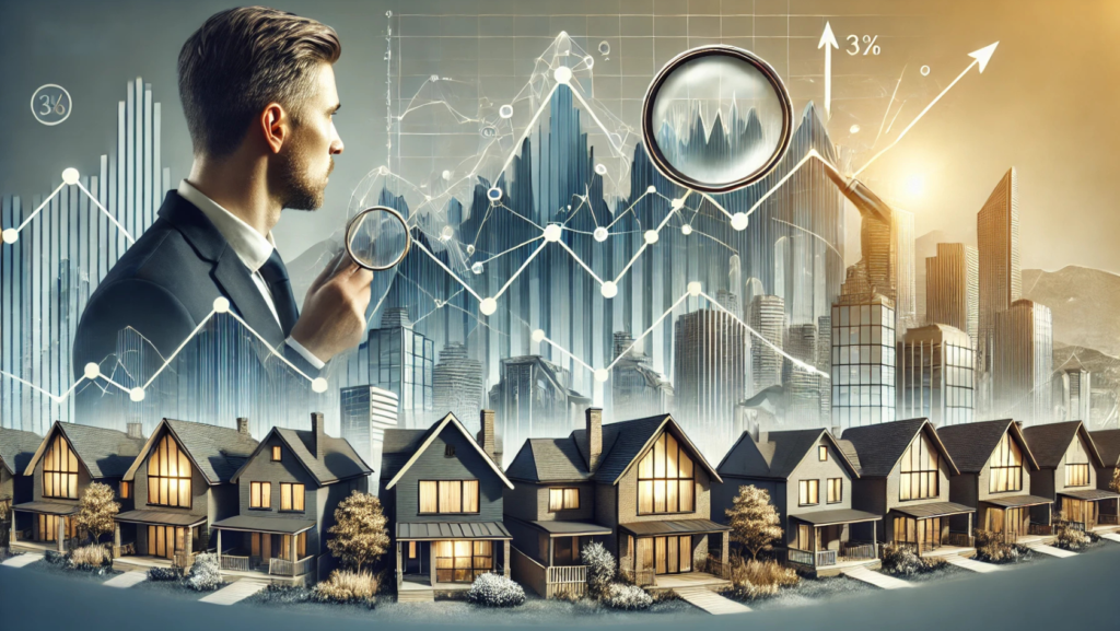 A businessman in a suit holds a magnifying glass, analyzing financial graphs that overlay a futuristic city skyline. The image also features a row of suburban houses in the foreground, symbolizing real estate trends and market growth.