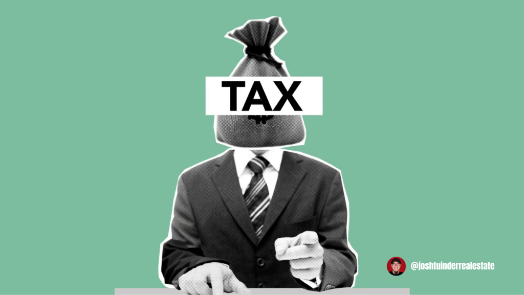 A surreal collage-style image of a man in a suit with a money bag as a head. The bag is labeled TAX in bold letters, obscuring the face. He is pointing forward with one hand and typing with the other. The background is a solid mint green. A small icon in the bottom right corner shows a man’s face with the Instagram handle @joshtuinderrealestate.