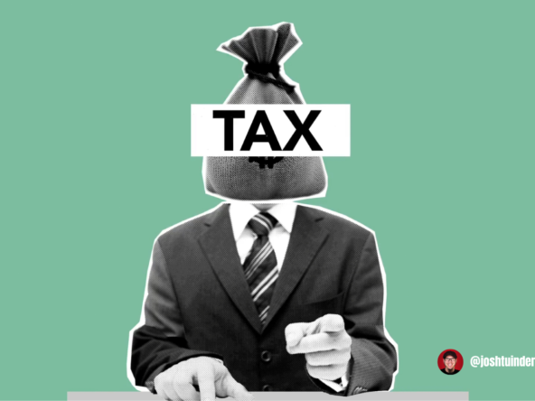 A surreal collage-style image of a man in a suit with a money bag as a head. The bag is labeled TAX in bold letters, obscuring the face. He is pointing forward with one hand and typing with the other. The background is a solid mint green. A small icon in the bottom right corner shows a man’s face with the Instagram handle @joshtuinderrealestate.