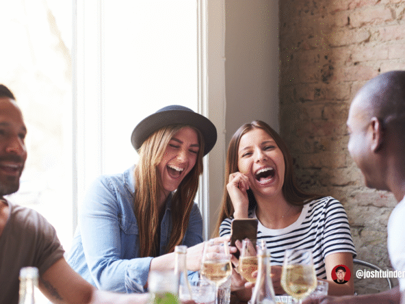 In a cozy restaurant setting, four friends enjoy each other’s company, smiling and laughing over drinks.
