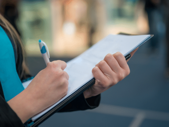 Close-up of a woman writing on a clipboard with a pen during a business event or conference.