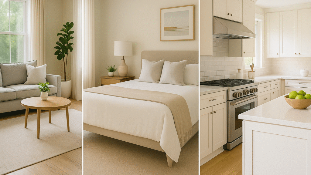 Staged home interiors showcasing a bright living room, serene bedroom, and modern kitchen with neutral decor and minimalist design—highlighting the top three spaces that help sell homes faster in 2025.