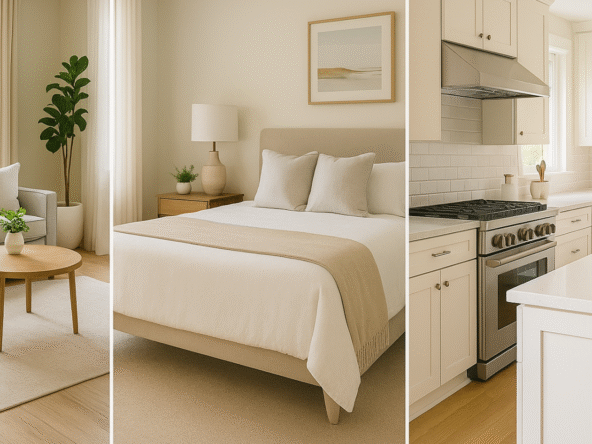 Staged home interiors showcasing a bright living room, serene bedroom, and modern kitchen with neutral decor and minimalist design—highlighting the top three spaces that help sell homes faster in 2025.