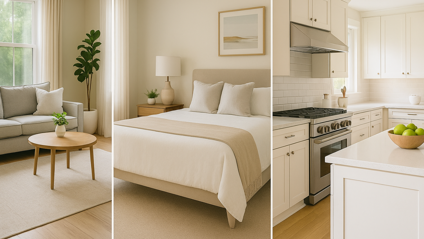 Staged home interiors showcasing a bright living room, serene bedroom, and modern kitchen with neutral decor and minimalist design—highlighting the top three spaces that help sell homes faster in 2025.