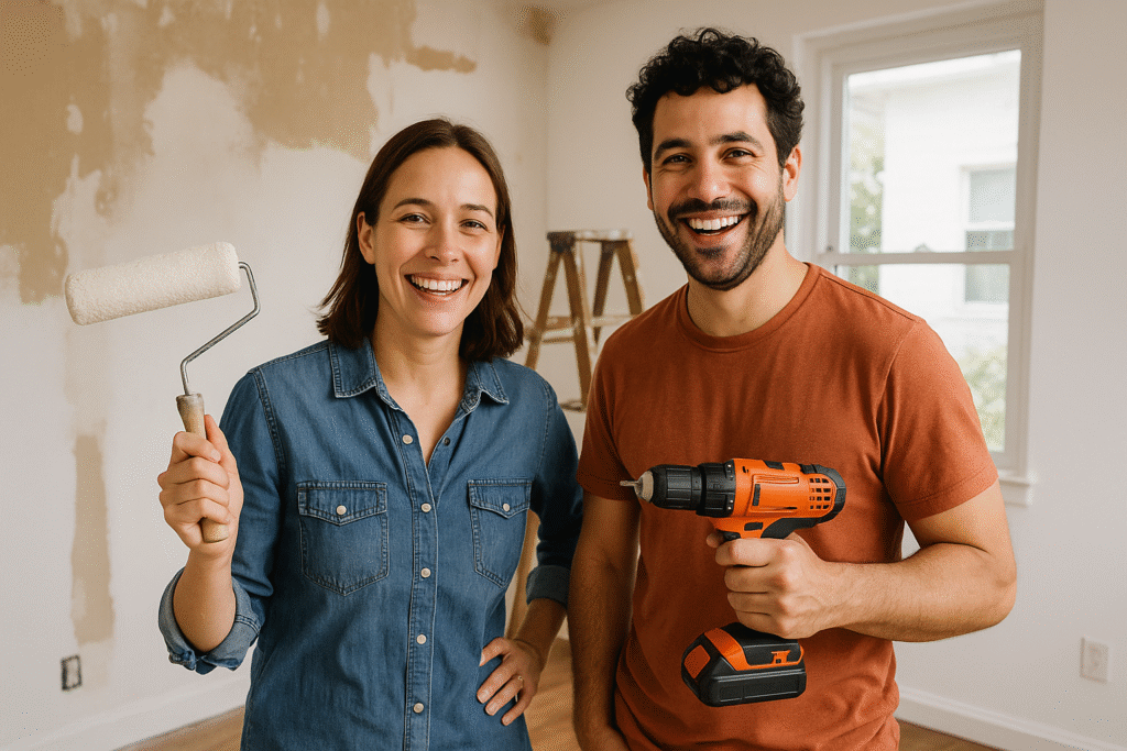 A smiling couple stands in a room mid-renovation, one holding a paint roller and the other a power drill, ready for a fun DIY project together.