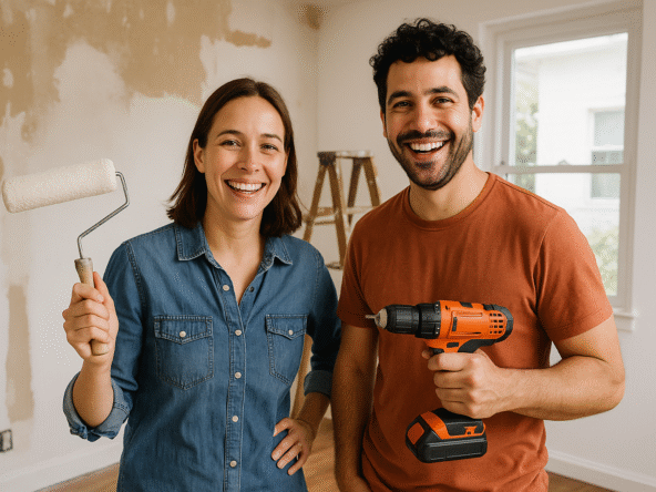 A smiling couple stands in a room mid-renovation, one holding a paint roller and the other a power drill, ready for a fun DIY project together.
